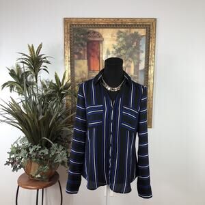 Express Portofino Shirt Women SP Black White Stripe Button Front Long Sleeve Top